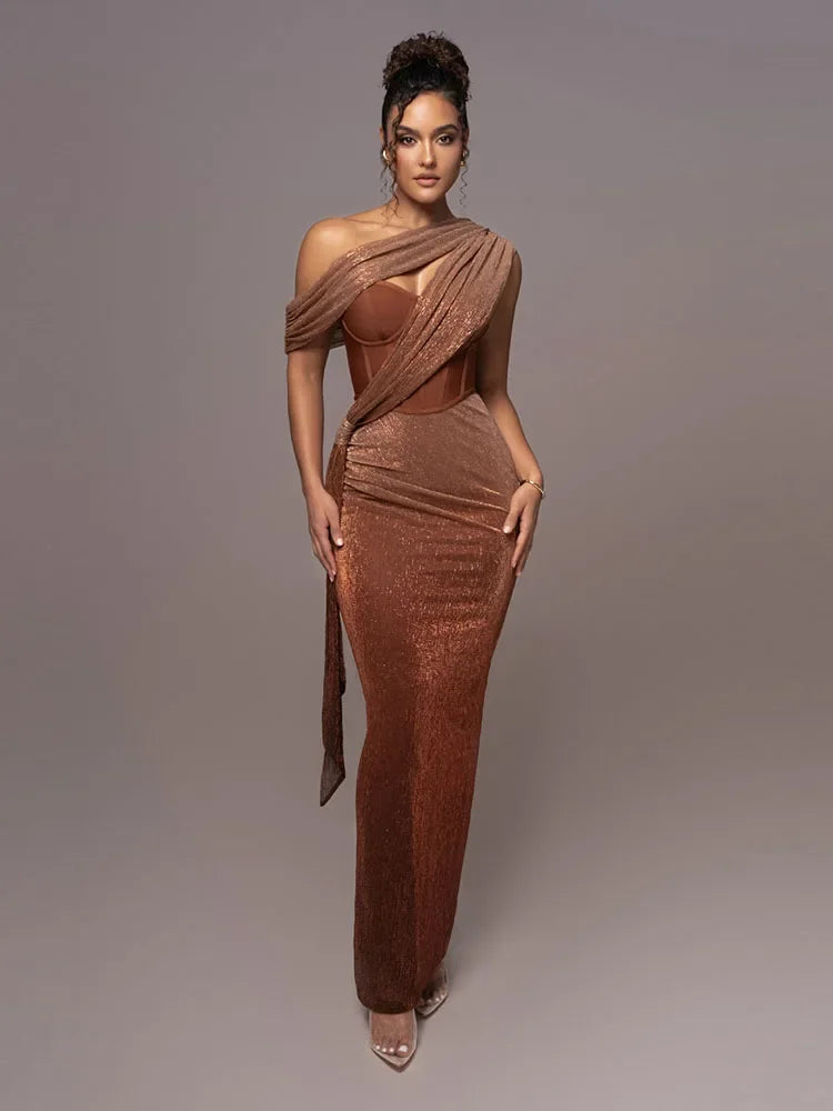 Women's one-shoulder metallic evening dress, elegant for formal events, parties, and cocktails.
