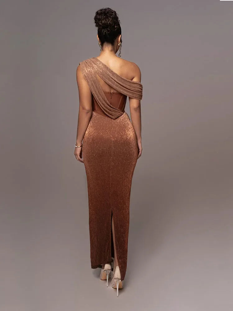 Shimmering metallic one-shoulder cocktail dress for women, perfect for a glamorous evening party.