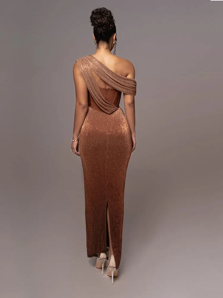 Shimmering metallic one-shoulder cocktail dress for women, perfect for a glamorous evening party.