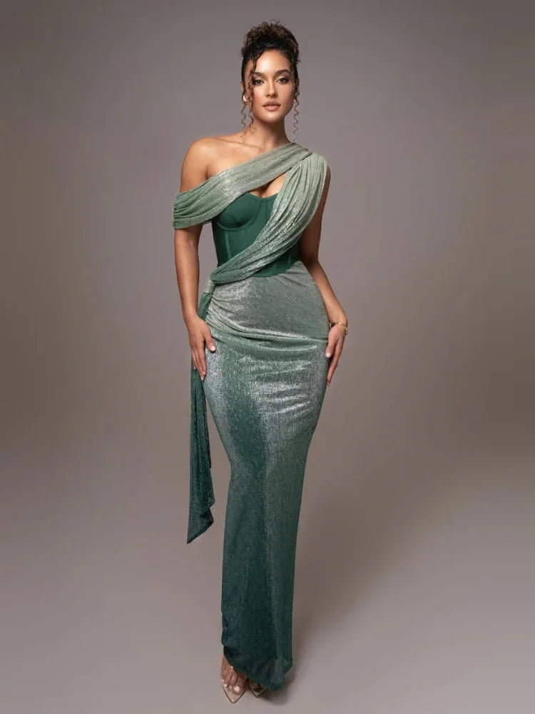 Stylish women's party dress with a unique one-shoulder design and dazzling metallic finish.