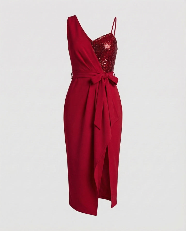 Elegant women's one-shoulder bodycon dress covered in shimmering sequins, perfect for a glamorous party look.