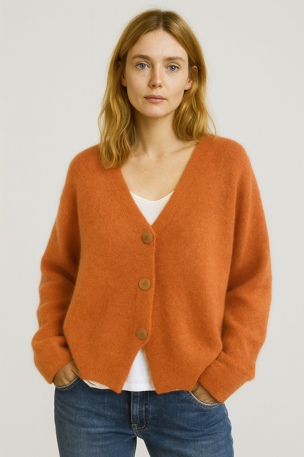 Women's orange button-front V-neck lightweight spring cardigan, perfect for casual layering.