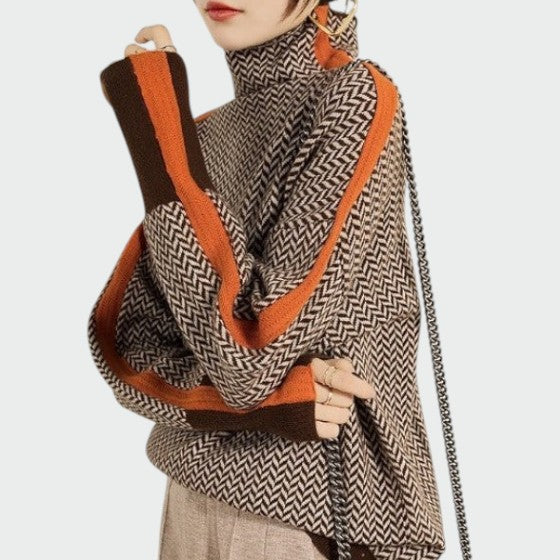 Women's orange herringbone knit turtleneck sweater from #1752 Collection, elegant fall fashion.