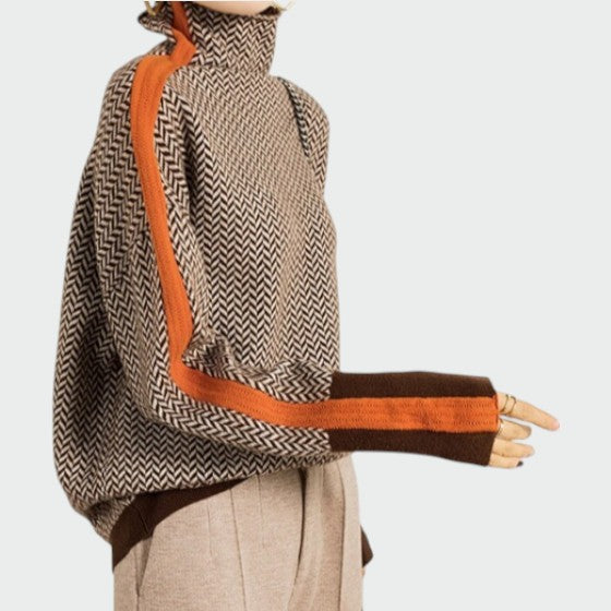 Green luxe herringbone turtleneck for women, a comfortable and stylish winter knit top.