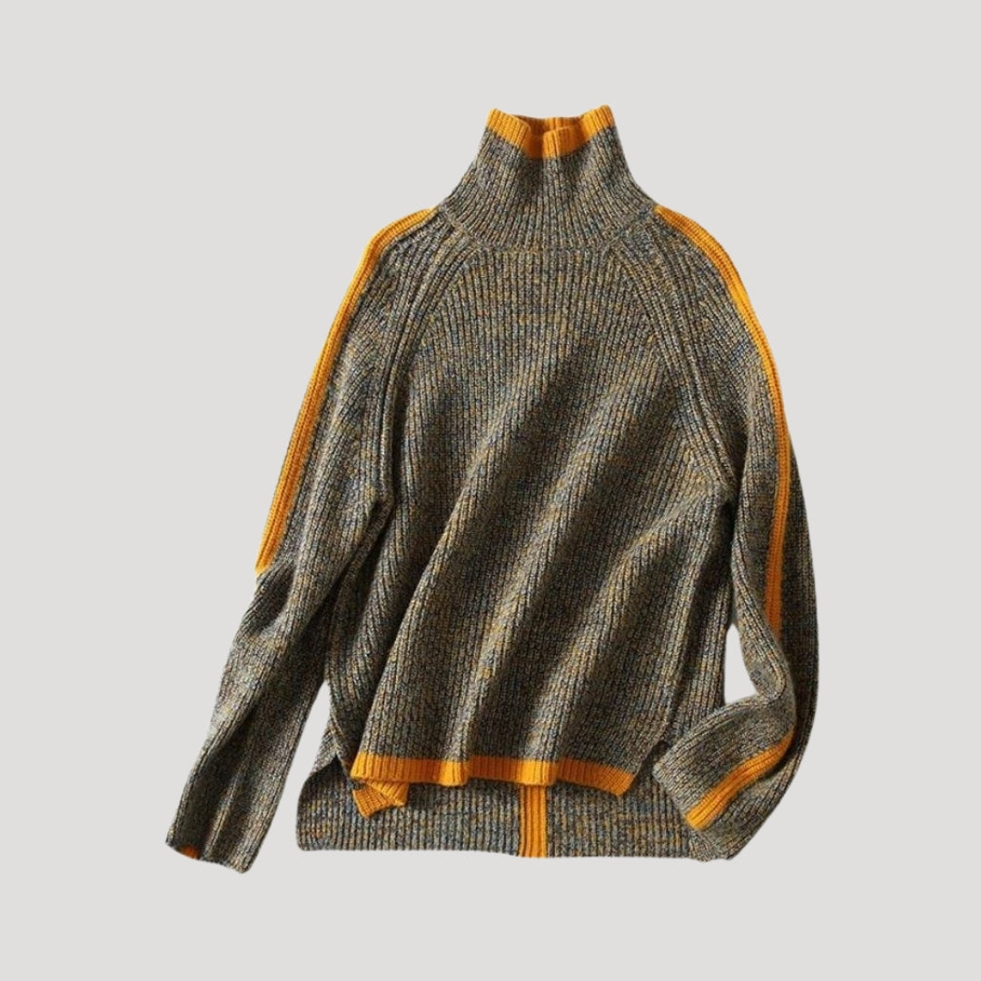 Women's orange ribbed knit turtleneck sweater, perfect for spring casual wear or an elegant top.