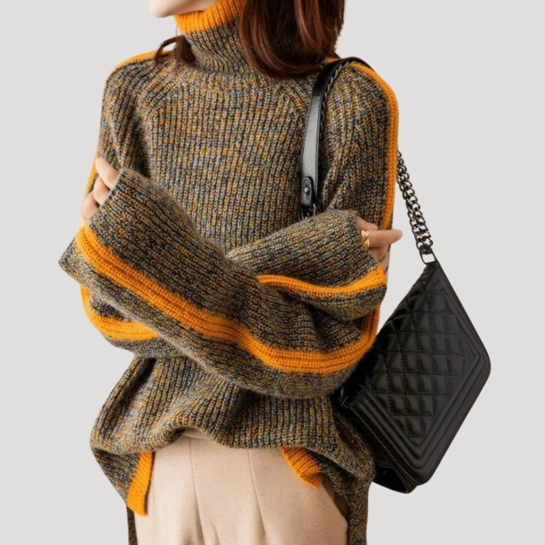Fashionable women's orange ribbed knit turtleneck sweater, ideal for versatile casual wear.