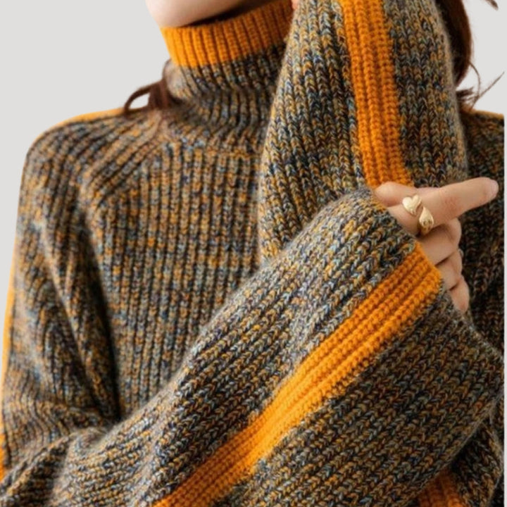 Elegant women's long-sleeve orange ribbed knit turtleneck sweater, a chic spring fashion piece.