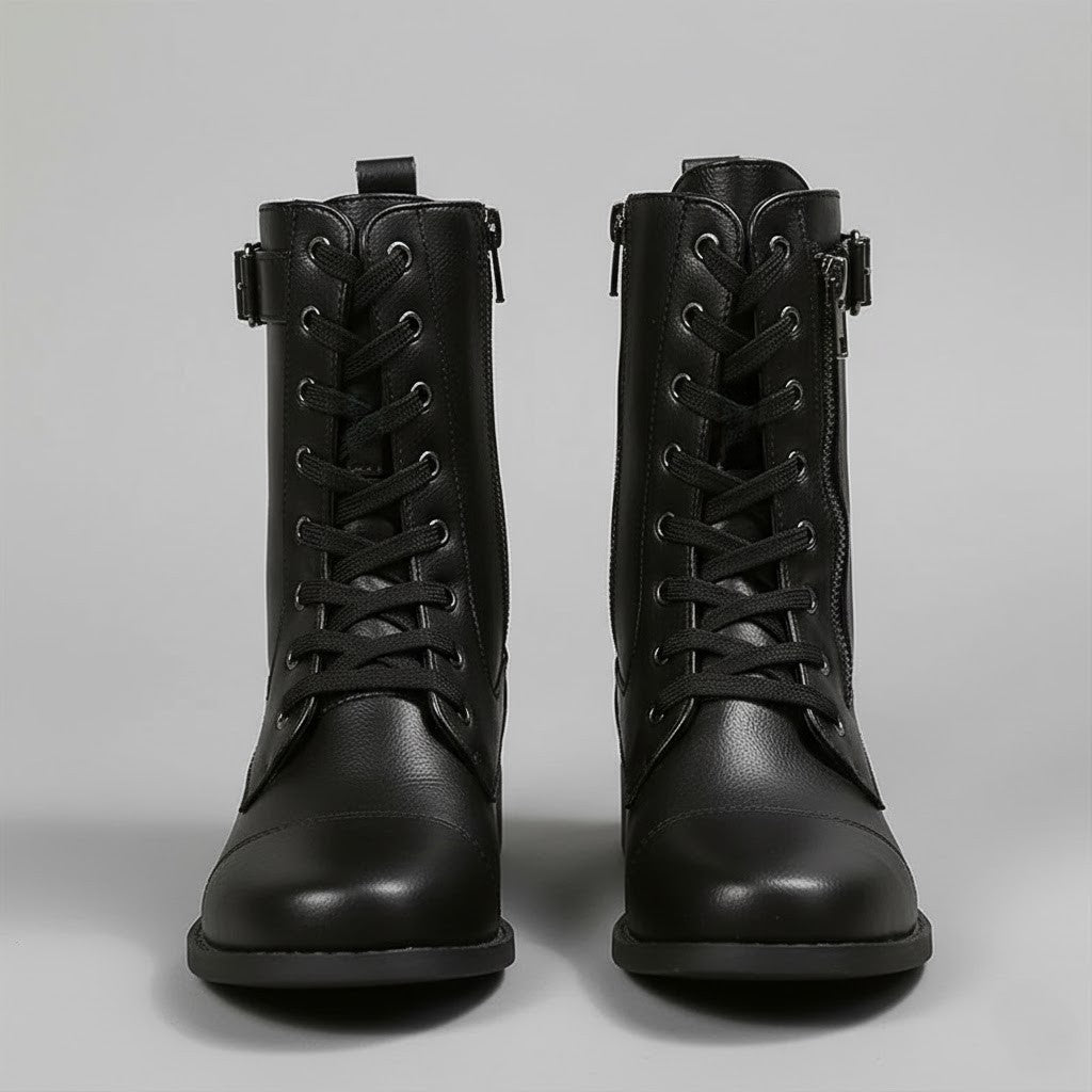 Women's black orthopedic ankle boots, side zipper detail, providing arch support and all-day comfort.