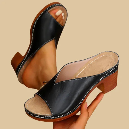 Brown orthopedic chunky high heel sandals for women, designed for all-day comfort