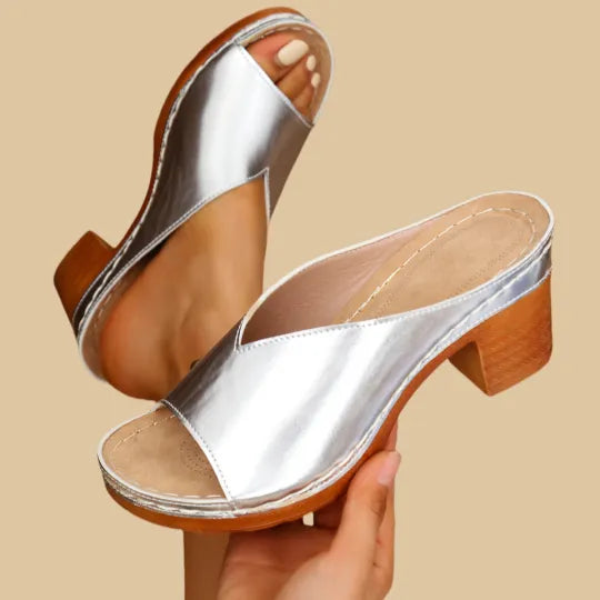 Close-up of women's orthopedic chunky heel sandals in blue, highlighting supportive design