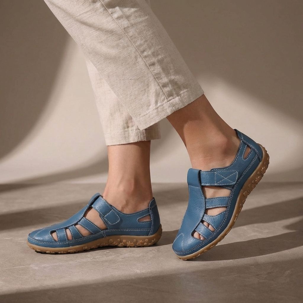 Comfortable women's orthopedic closed-toe sandals with arch support for all-day walking.