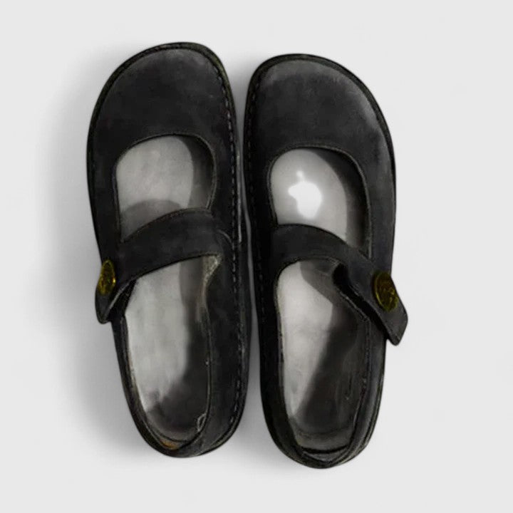 Women's stylish orthopedic shoe, black suede with arch support and adjustable ankle strap
