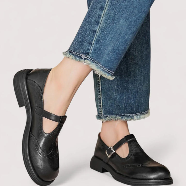 Orthopedic women's Mary Jane casual shoes, designed for comfort and arch support, shown from the side.