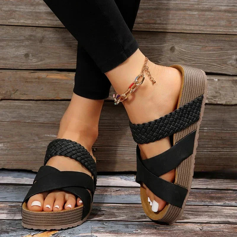 Close-up of women's summer platform sandals, featuring orthopedic design for comfort