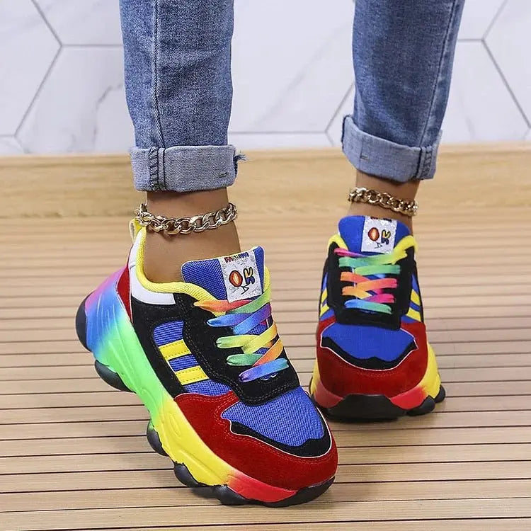 Women's orthopedic rainbow trainers, lightweight with arch support, perfect for comfortable walking & activewear.