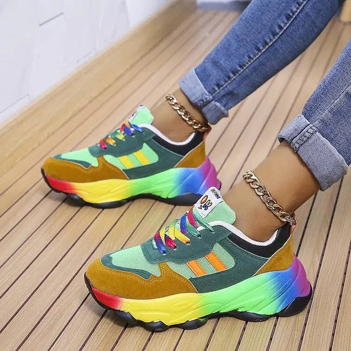 Orthopedic women's walking shoes, rainbow pattern, arch support & wide fit for lightweight, all-day comfort.