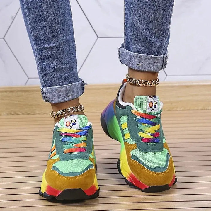 Slip-on women's rainbow comfort trainers, orthopedic support, lightweight and breathable for easy everyday wear.