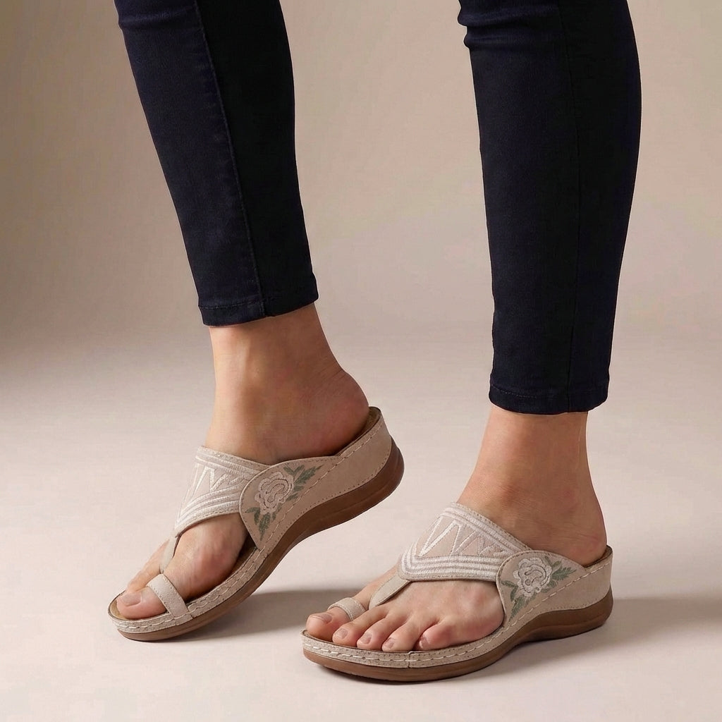 Orthopedic T-strap wedge comfort sandals for women, great for casual, everyday summer wear.