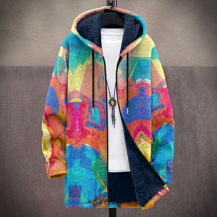 Women's oversized abstract art print cardigan, long sleeve knitwear in vibrant, artistic casual fashion.