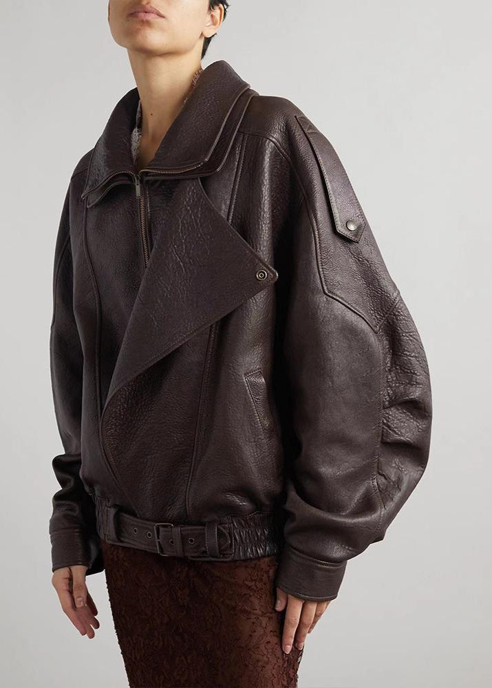 Women's oversized brown leather bomber jacket, perfect for fall streetwear and retro style