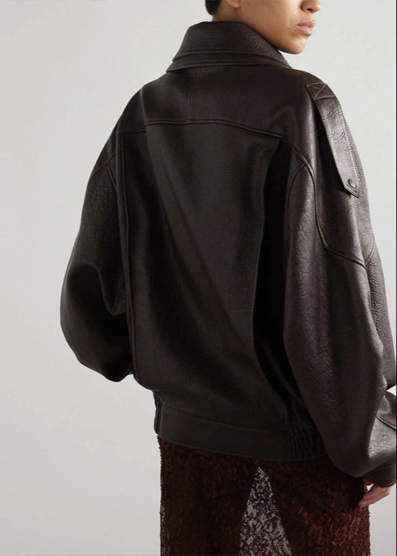 Trendy oversized brown leather bomber jacket for women, ideal for a chic streetwear look