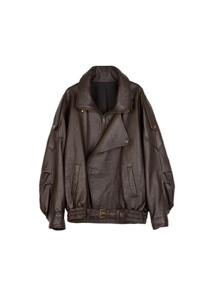 Casual yet chic women's oversized leather bomber jacket in brown, suitable for everyday wear