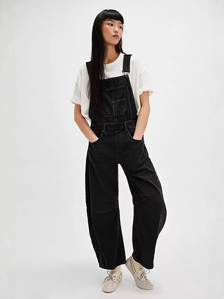 Black women's oversized casual overalls. Relaxed fit, perfect for everyday wear. Functional utility pockets.