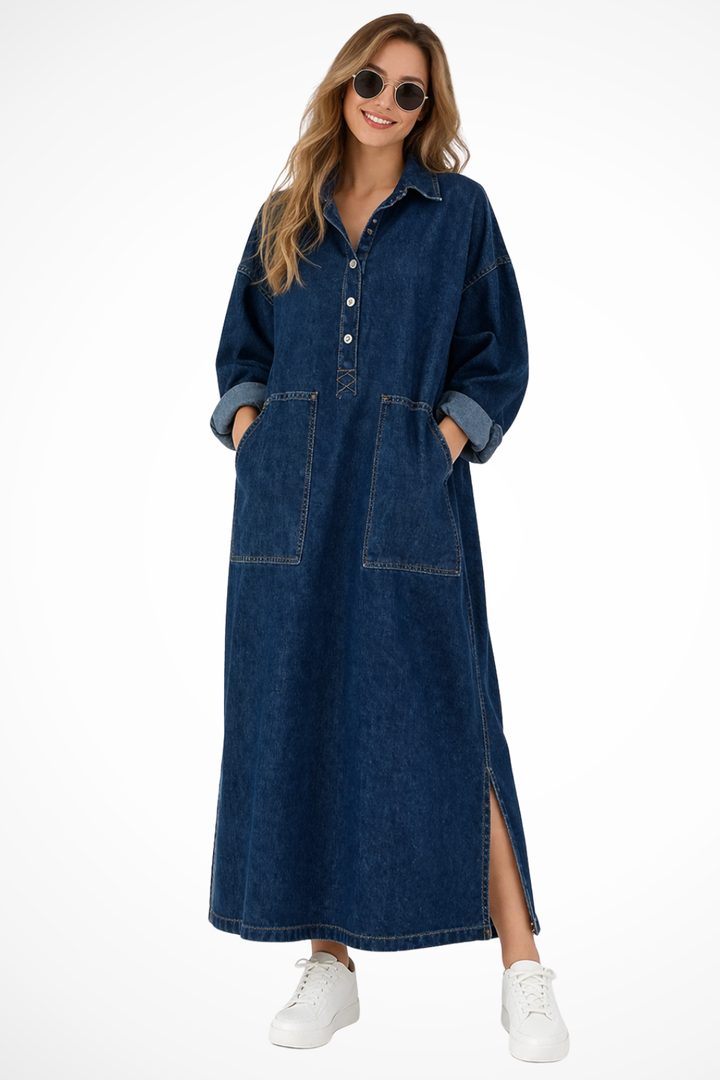 Women's oversized collared blue denim maxi dress with pockets, perfect for comfortable everyday casual wear.