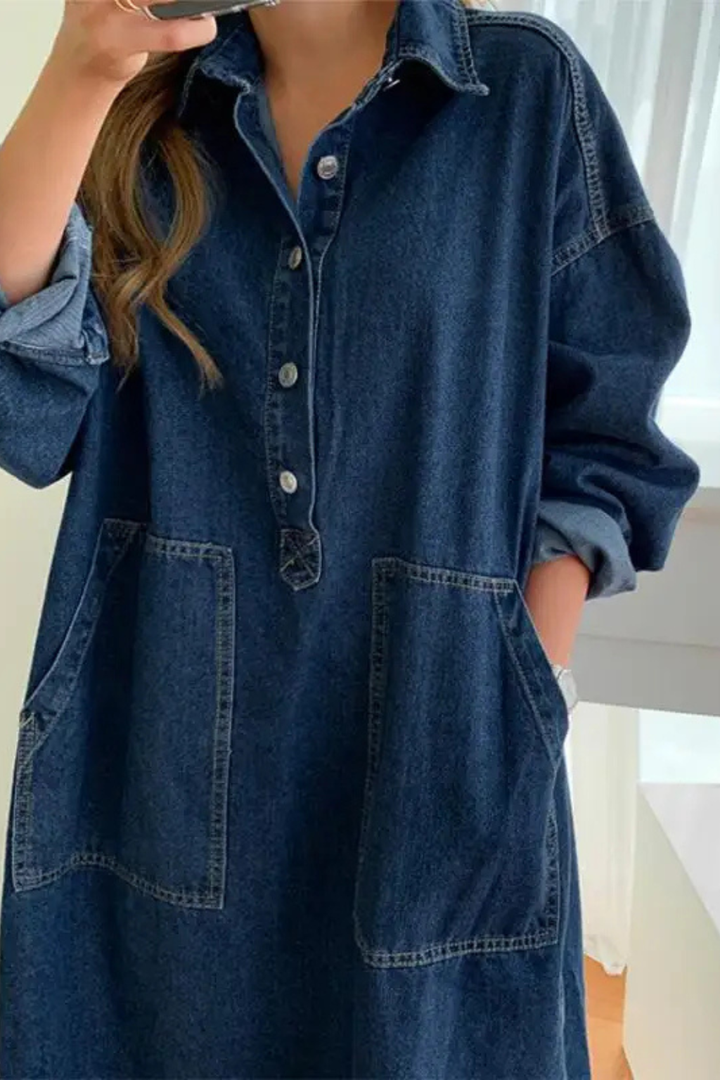 Comfortable women's oversized denim maxi dress with a collar & pockets. Versatile long sleeve blue dress for daily wear.
