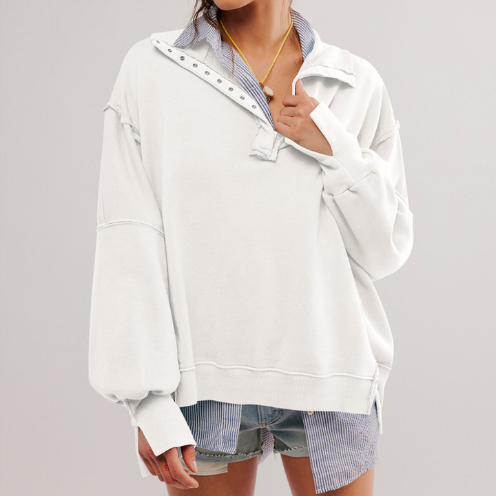 Comfortable women's oversized Henley pullover. Relaxed fit long sleeve top for casual fall & spring fashion.