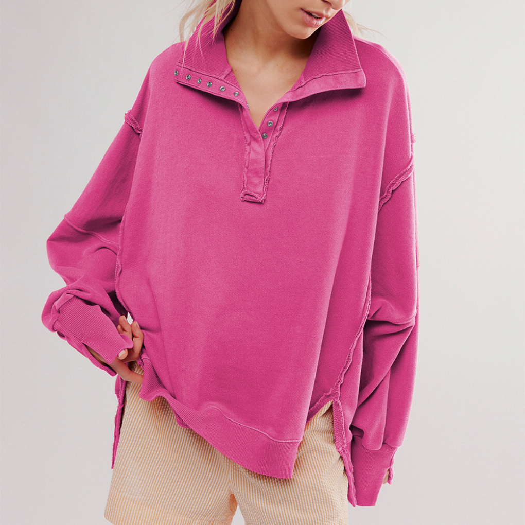 Stylish women's oversized Henley pullover. Soft, relaxed fit casual long sleeve top for ultimate comfort.