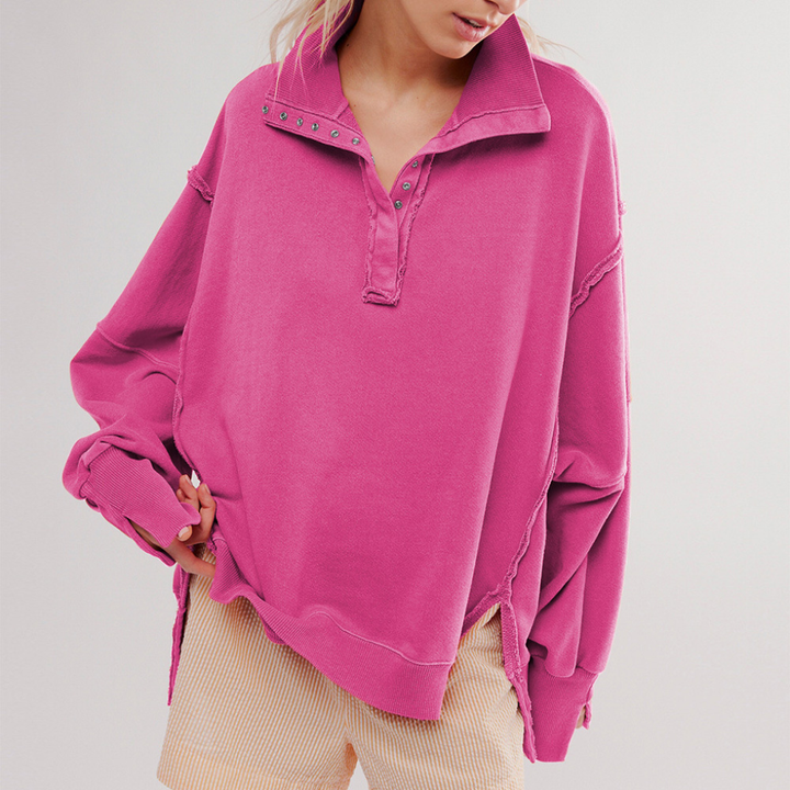 Stylish women's oversized Henley pullover. Soft, relaxed fit casual long sleeve top for ultimate comfort.