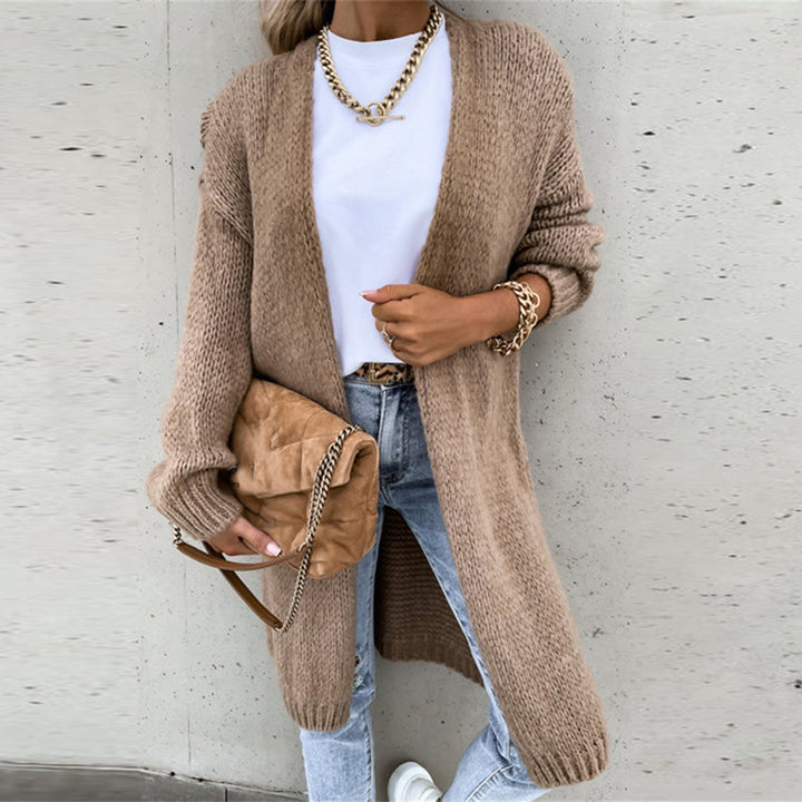 Soft knit women's long duster cardigan, oversized and comfortable, great for everyday casual wear.
