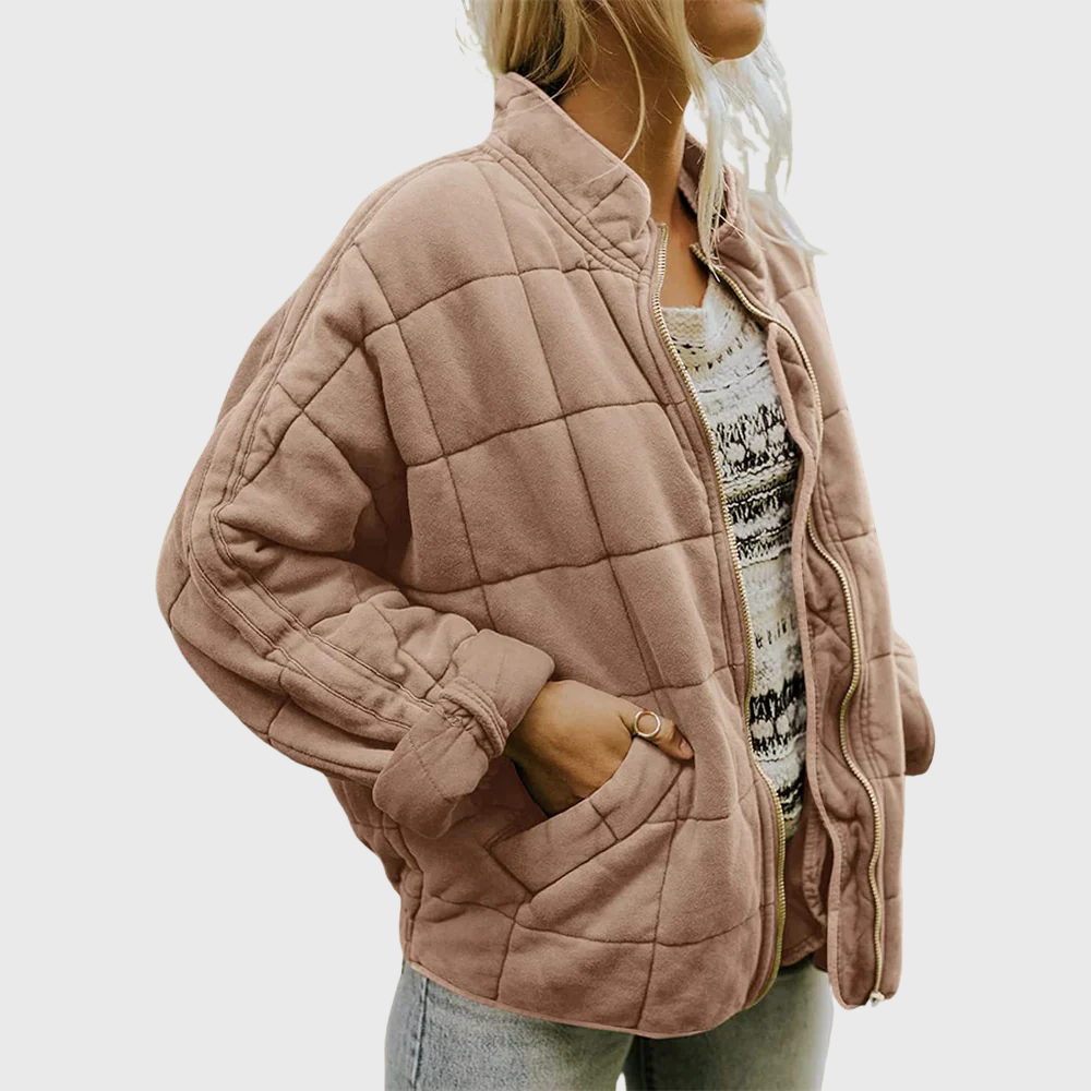 Women's oversized jacket in a neutral color, mid-season autumn fashion outerwear