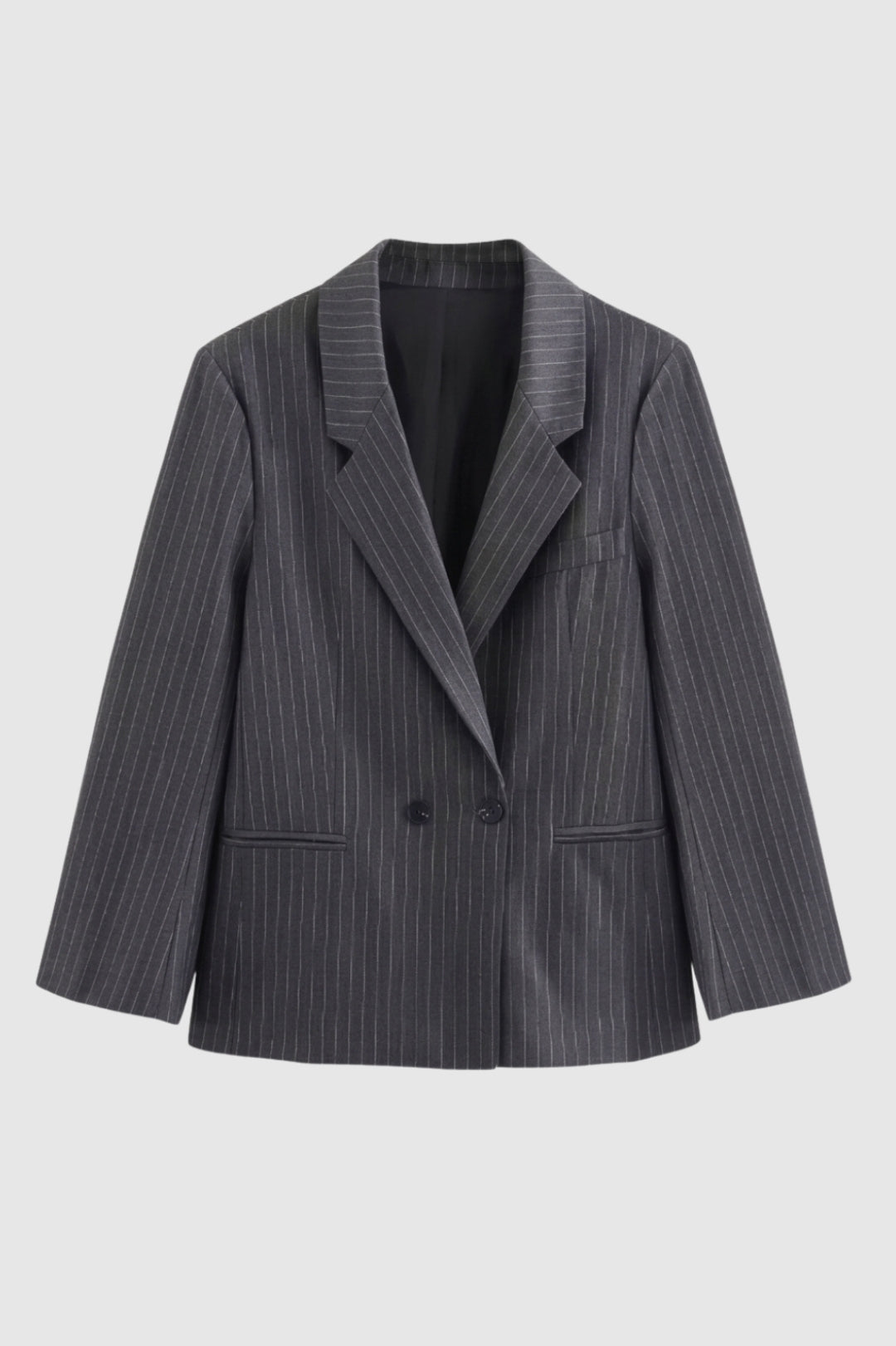 Stylish women's long sleeve oversized pinstripe blazer, an elegant double-breasted jacket for fashion-forward looks.