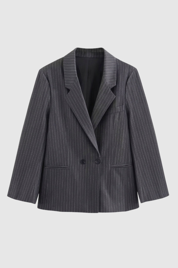 Stylish women's long sleeve oversized pinstripe blazer, an elegant double-breasted jacket for fashion-forward looks.