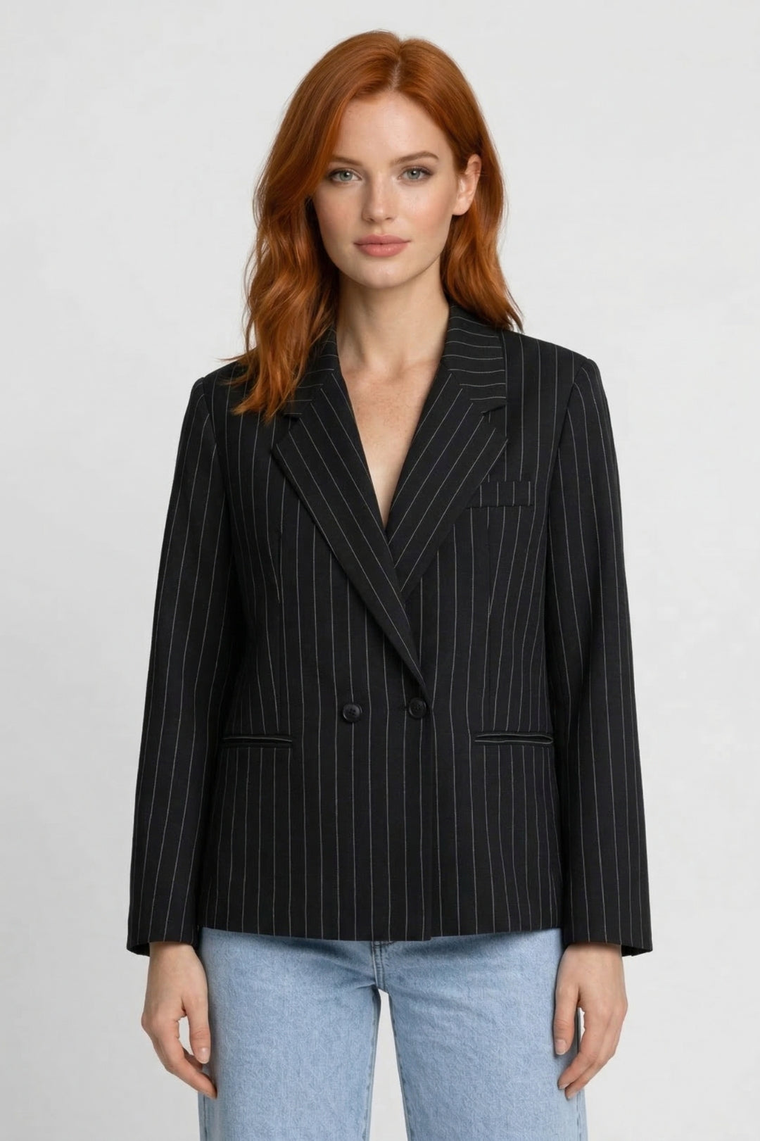 Elegant women's double-breasted pinstripe blazer. Oversized fit, ideal for professional office fashion & smart casual outfits.