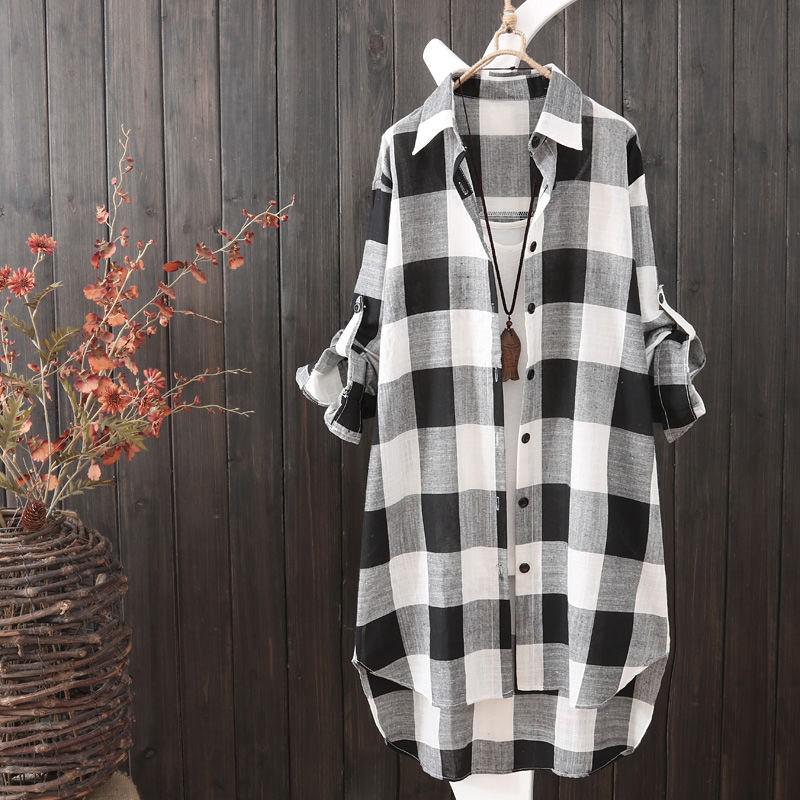 Women's oversized plaid button-up shirt in red & black, longline relaxed fit, perfect for casual layering or spring style.
