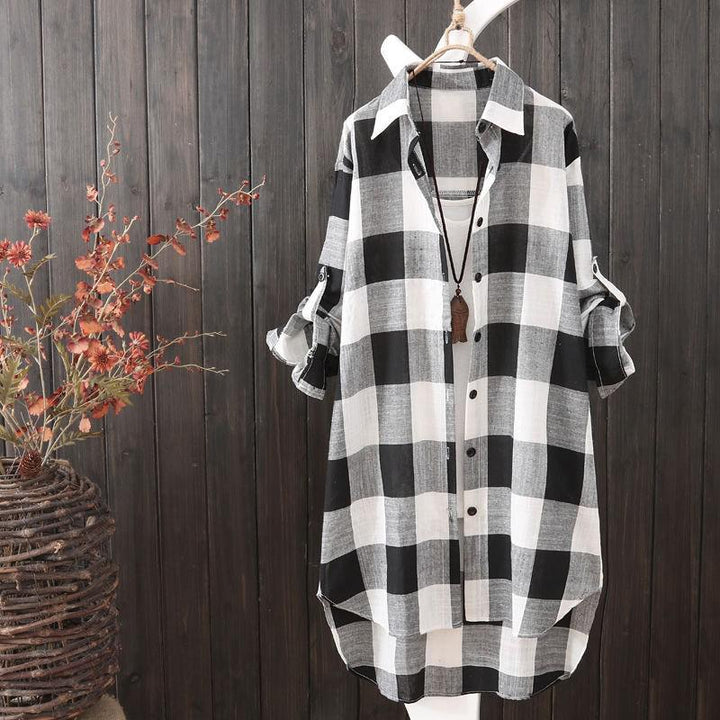Women's oversized plaid button-up shirt in red & black, longline relaxed fit, perfect for casual layering or spring style.