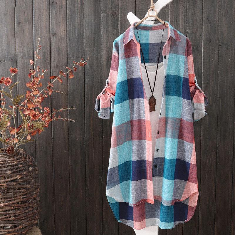 Relaxed fit women's plaid oversized button-up shirt, a stylish layering piece for casual wear or comfy everyday fashion.