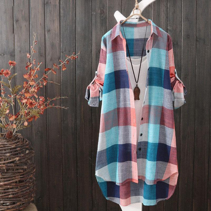 Relaxed fit women's plaid oversized button-up shirt, a stylish layering piece for casual wear or comfy everyday fashion.