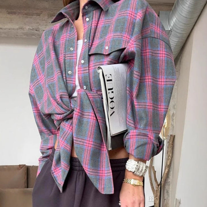 Women's oversized plaid shirt blouse. Chic long sleeve button-down for casual, stylish everyday wear.