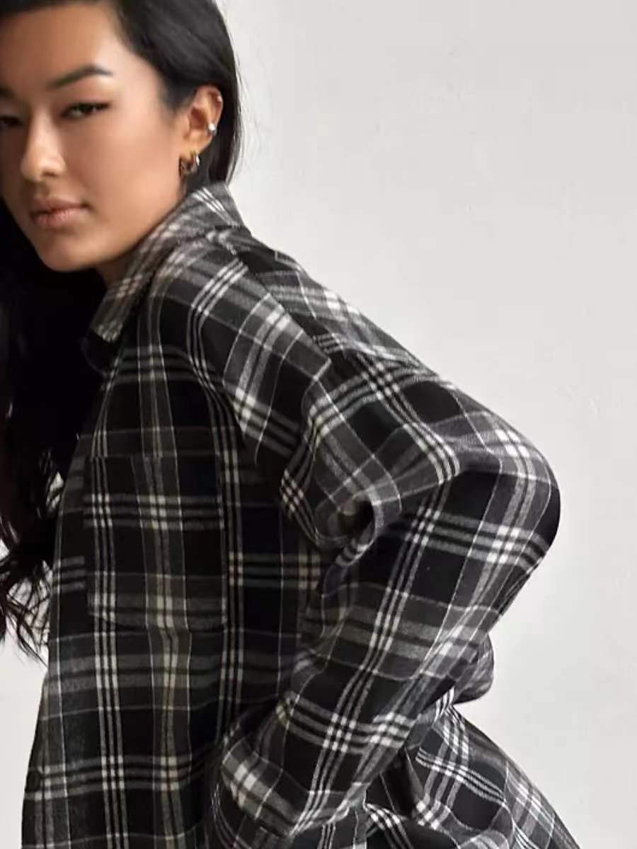 Women's fashion oversized plaid top. Stylish long sleeve button-down blouse, chic for casual and everyday.
