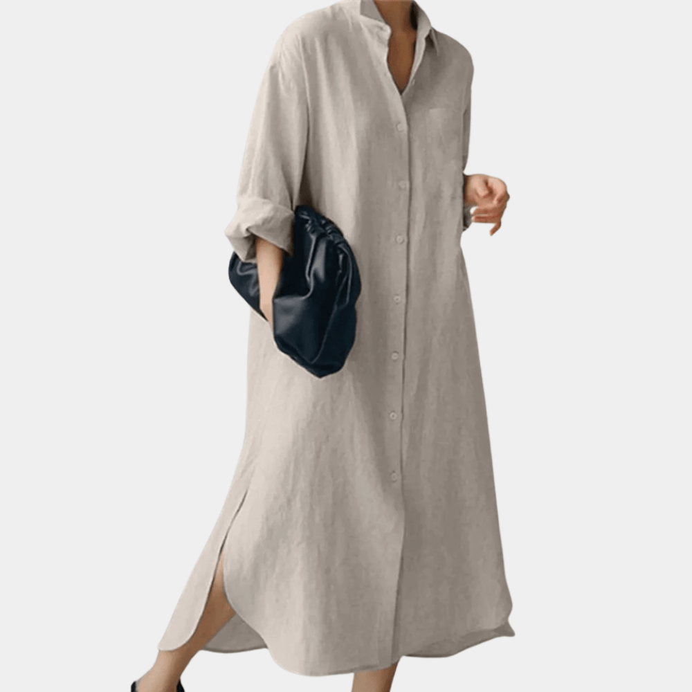 Stylish women's oversized button-down shirt dress, a versatile piece for casual day wear or chic beachwear.