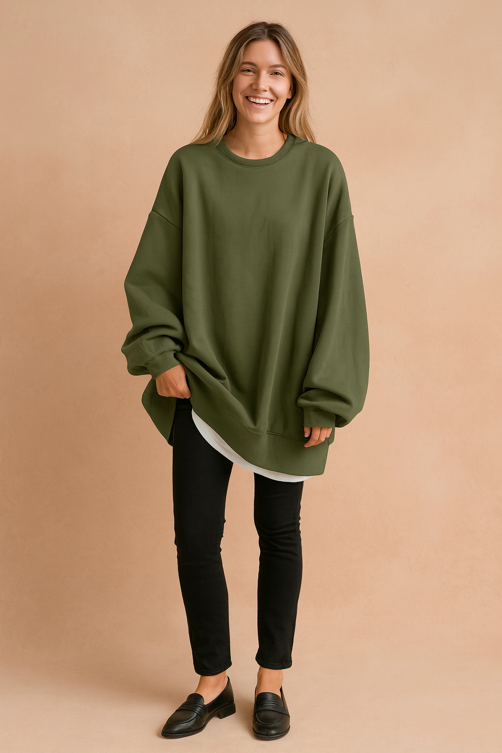 Relaxed fit women's oversized sweater, a stylish street style pullover. Ideal for comfortable, casual long sleeve wear.