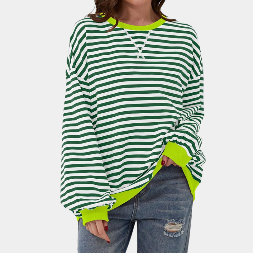 Women's oversized striped long sleeve t-shirt, perfect for casual everyday comfort and relaxed style. Versatile spring/fall top.