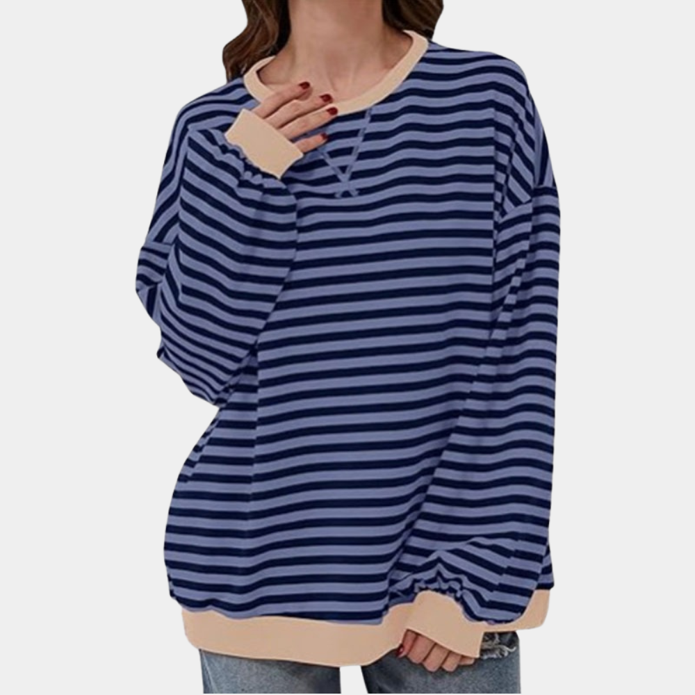 Striped oversized long sleeve t-shirt for women. A comfortable and versatile casual top for spring and fall outfits.