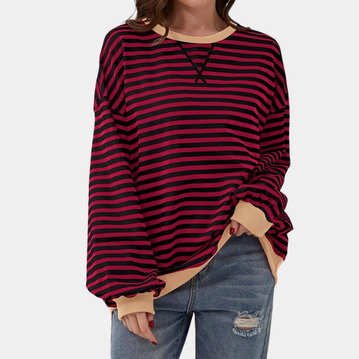 Soft women's oversized striped long sleeve top. Perfect for a cozy, relaxed casual look in any season.