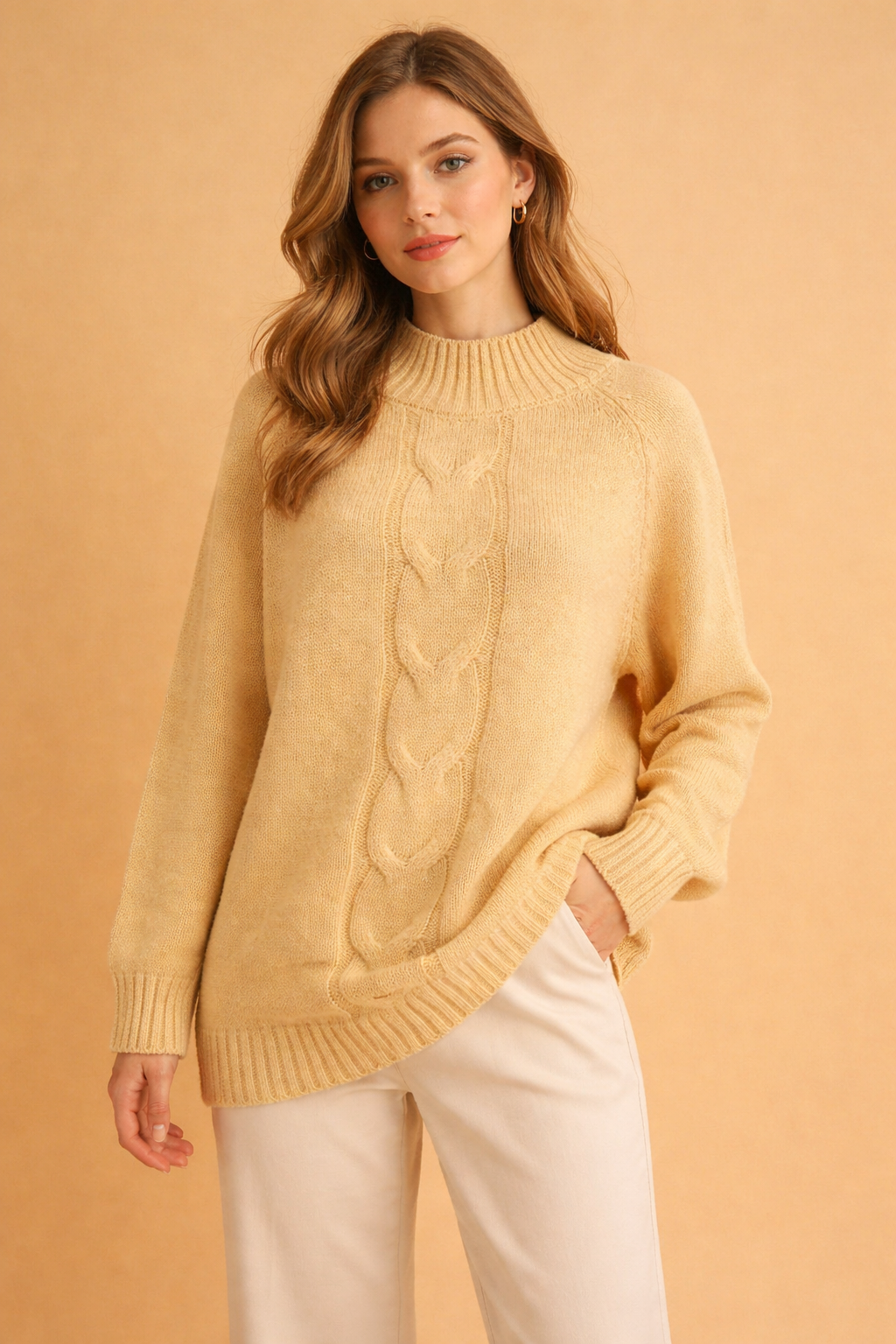 Soft knit women's oversized turtleneck sweater, designed for cozy fall and winter fashion comfort.