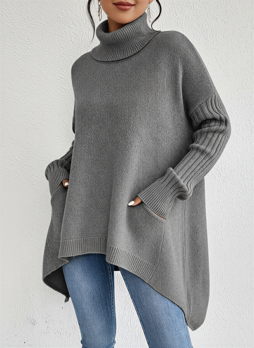 Comfortable women's oversized turtleneck pullover with a large front pocket, ideal for summer layering.